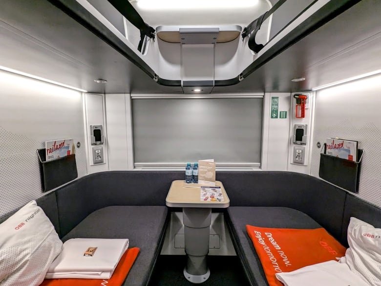 A train cabin with a banquette for eating and sleeping.