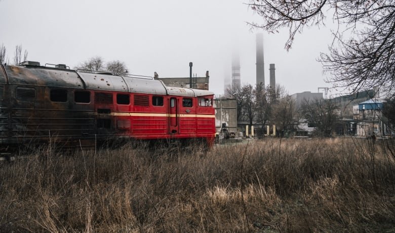 A burnt rail car sits at the site of the Kurakhove plant in Donetsk, in eastern Ukraine.