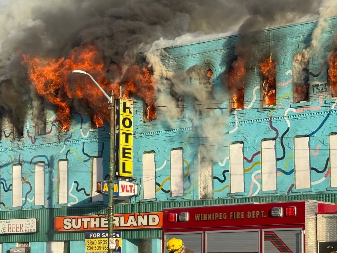 sutherland-hotel Flames are seen leaping from windows as a building burns.