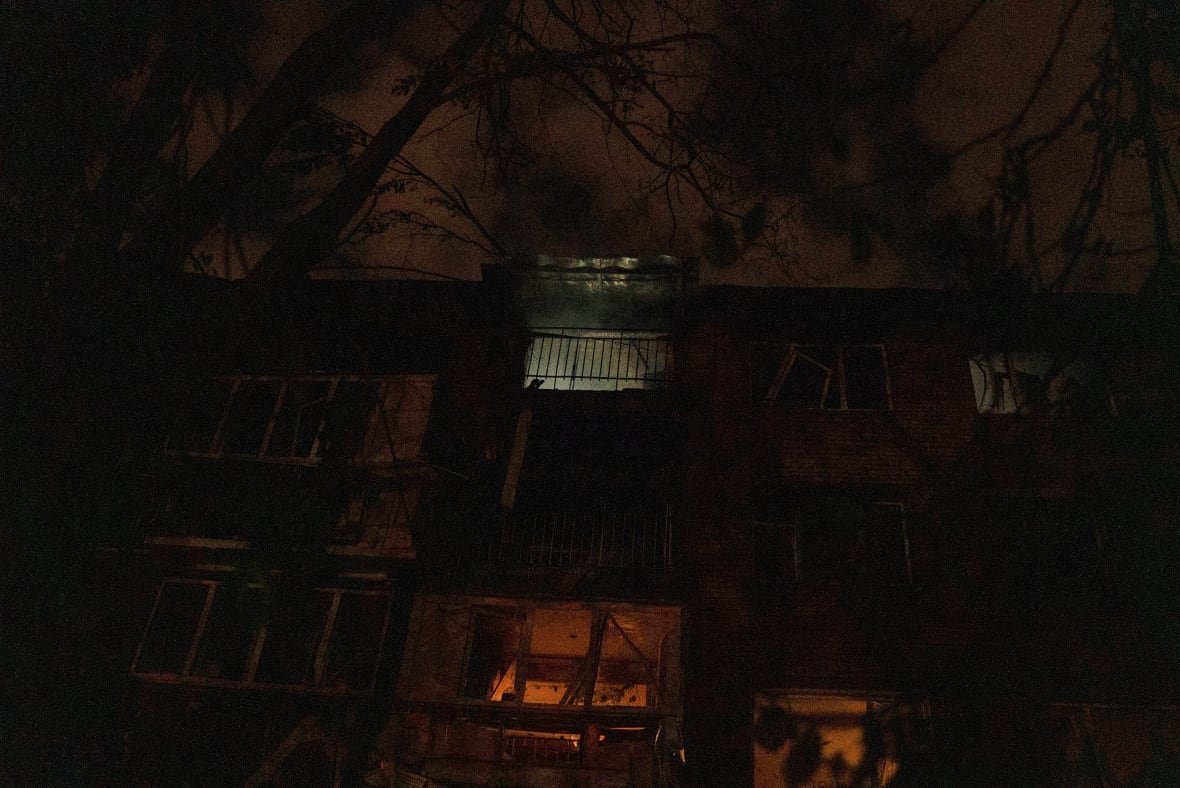 A burning residential building in Kyiv, following a Russian attack on the Ukrainian capital.