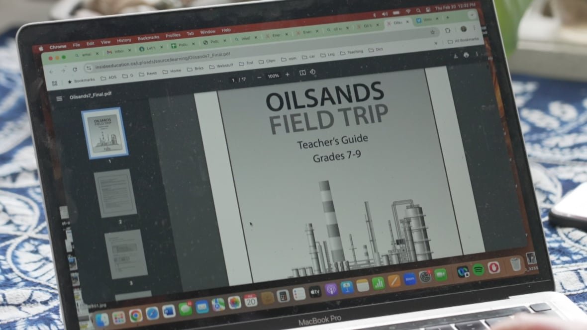 oilsands-field-trip A teacher's guide for an oilsands field trip aimed at students in Grade 7 through 9 is shown on a laptop computer.