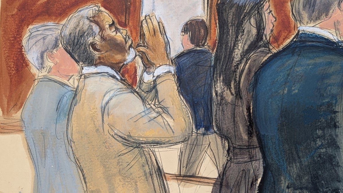sexual-misconduct-diddy A man stands in prayer position in a courtroom sketch.