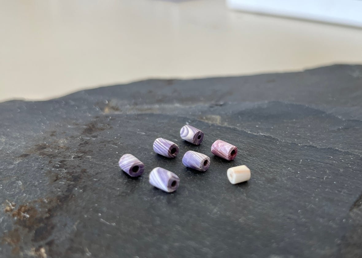 wampum-beads-colony-of-avalon-n-l-1 Seven cylindrical beads are placed on a piece of slate.