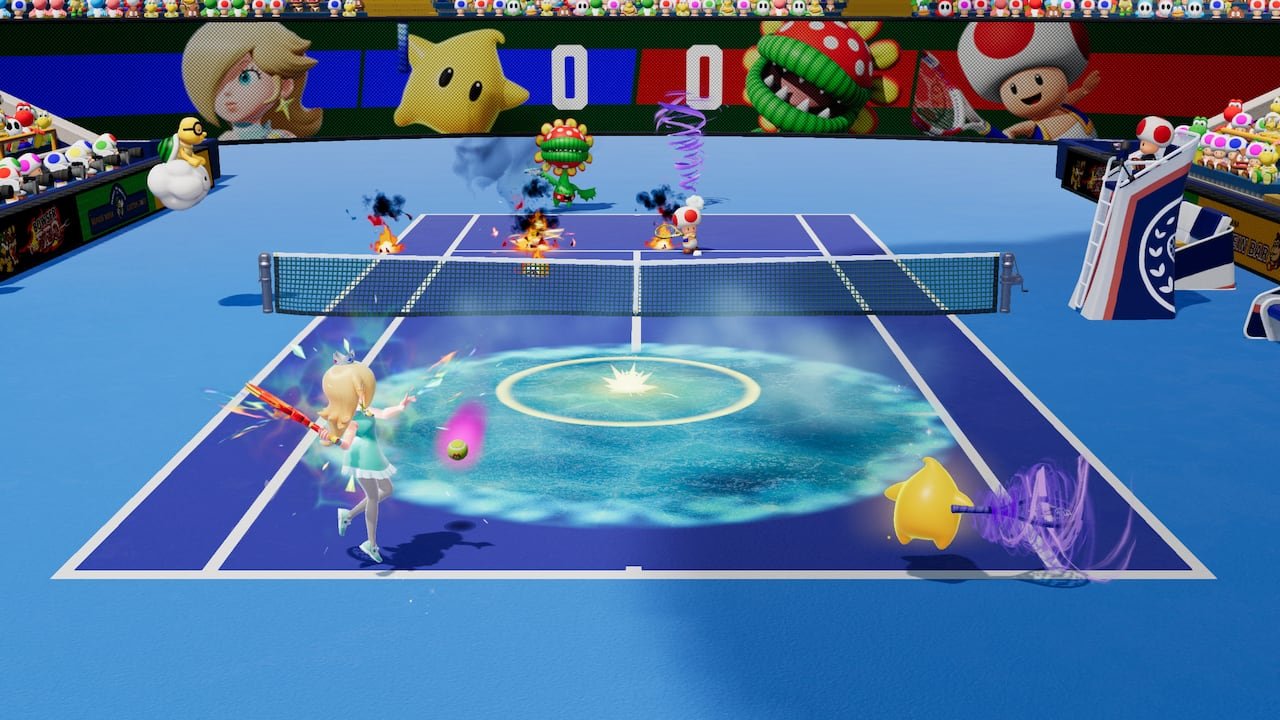 video game screenshot of Mario characters playing tennis.