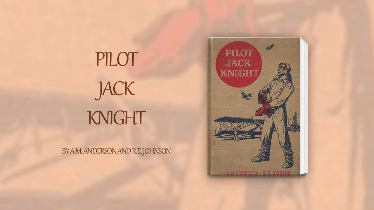 An old hardcover book with a simple sketch of an old-fashioned plane and pilot standing beside it.
