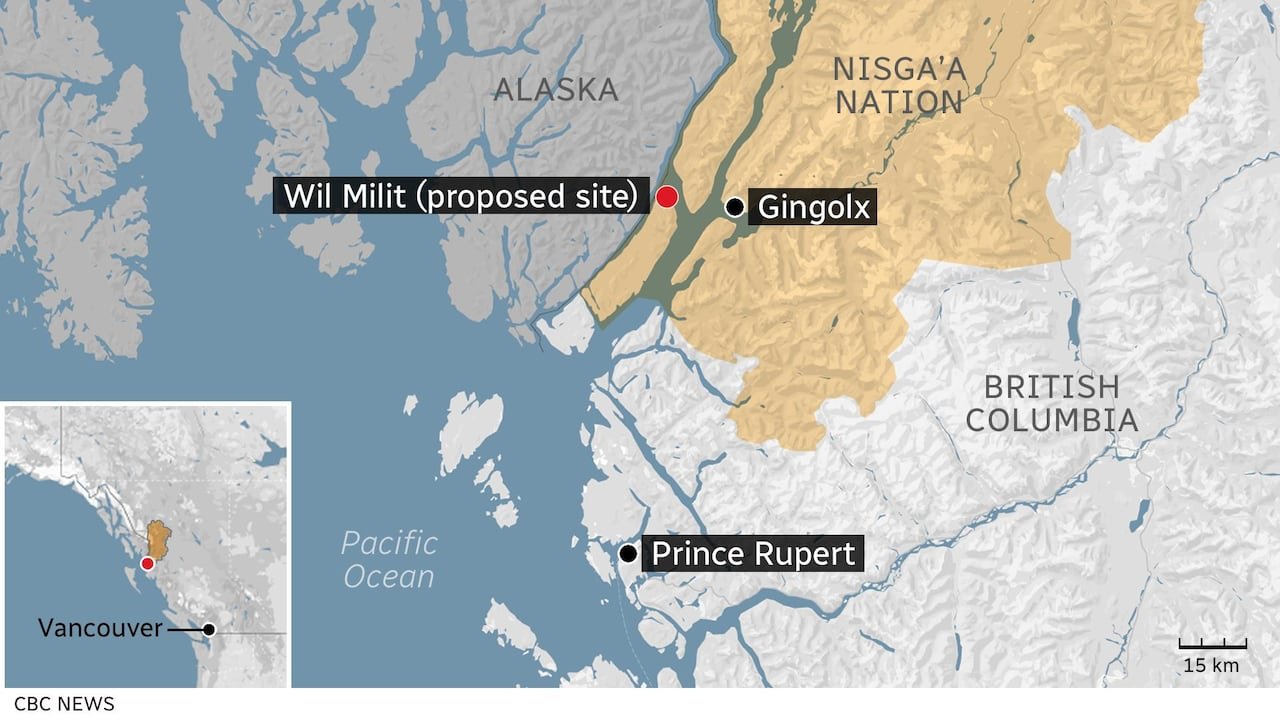 A map showing proposed site for the Ksi Lisims LNG project, north of Prince Rupert.