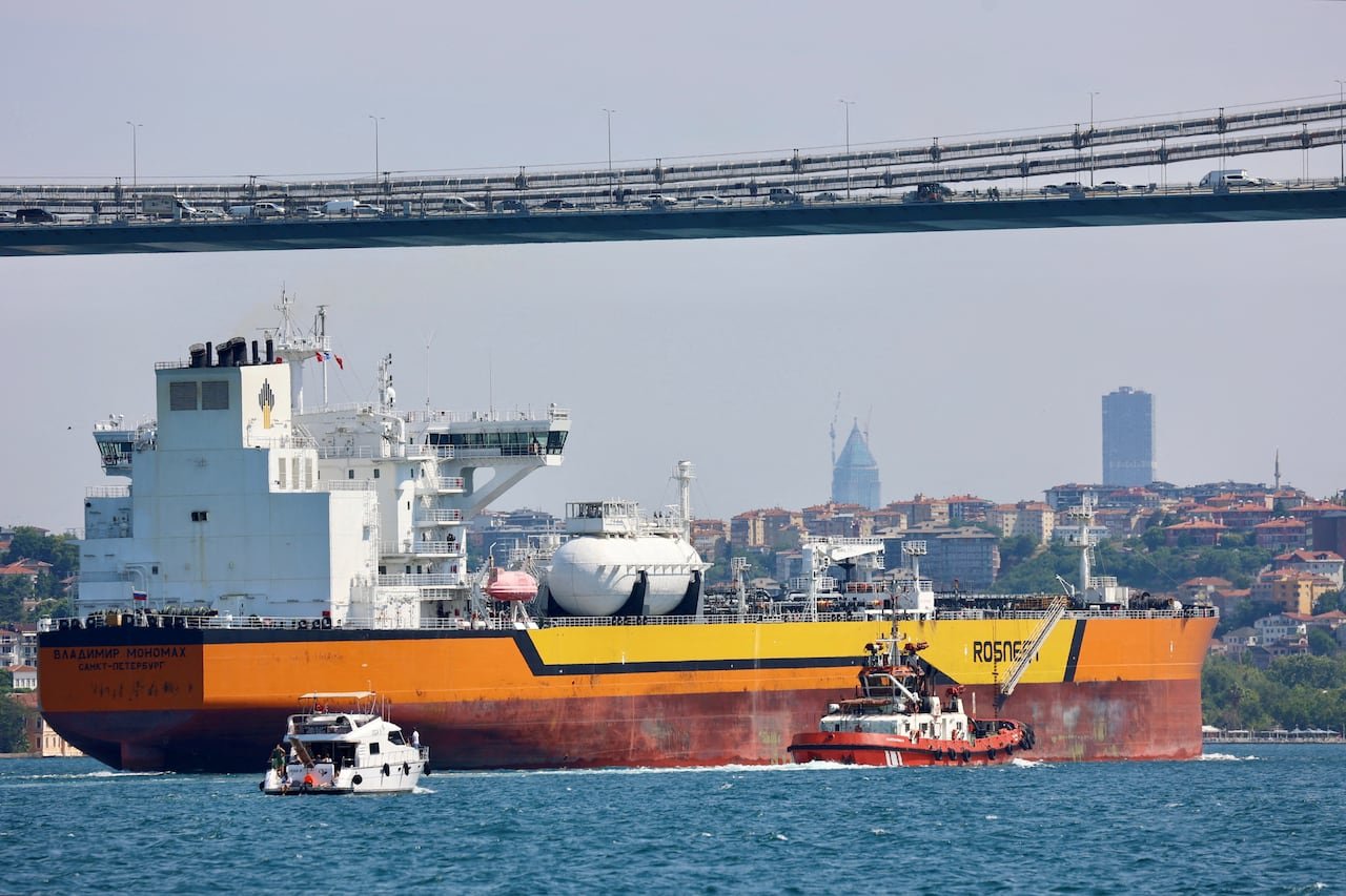 Rosneft's Russian-flagged crude oil tanker Vladimir Monomakh travels through the Bosphorus in Istanbul on July 6, 2023. Russia's seaborne crude exports to India and China have surged following its invasion of Ukraine.