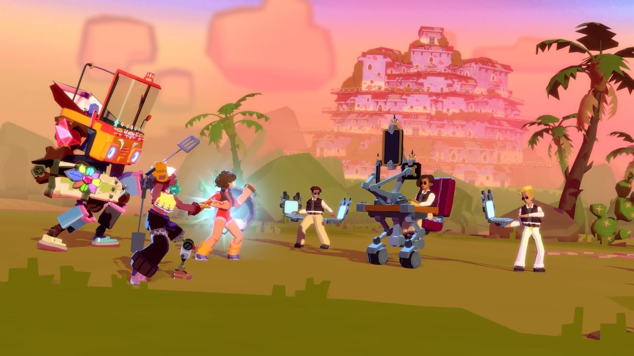 default-881 Screenshot from Dosa Divas showing characters battling in a resort town.