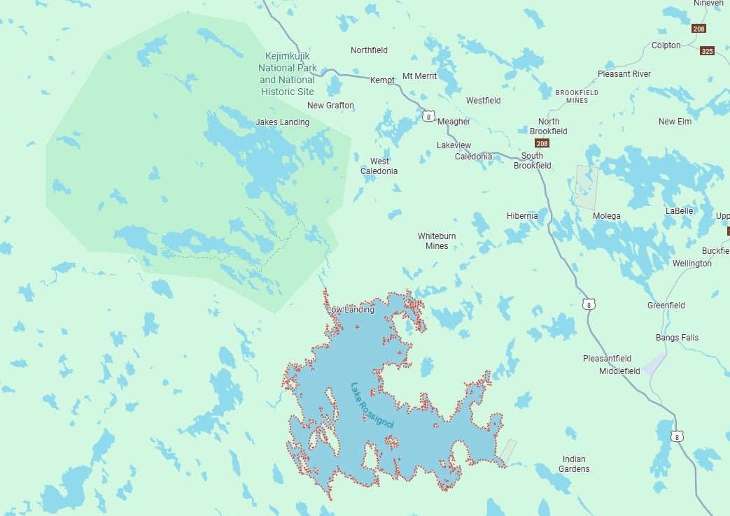 A map showing where Lake Rossignol is located in Nova Scotia is shown.