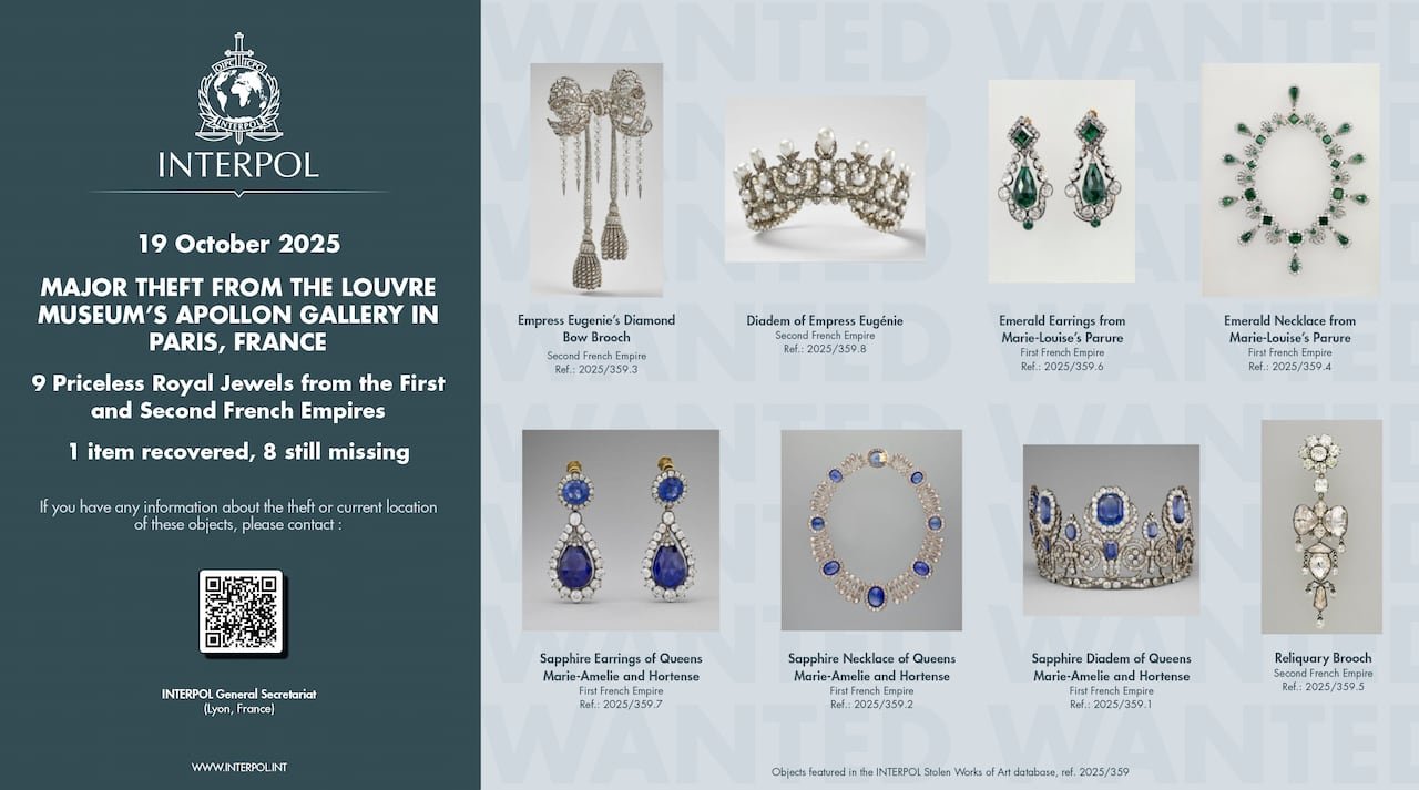 default-627 A notice from interpol that shows several jewels stolen from the louvre
