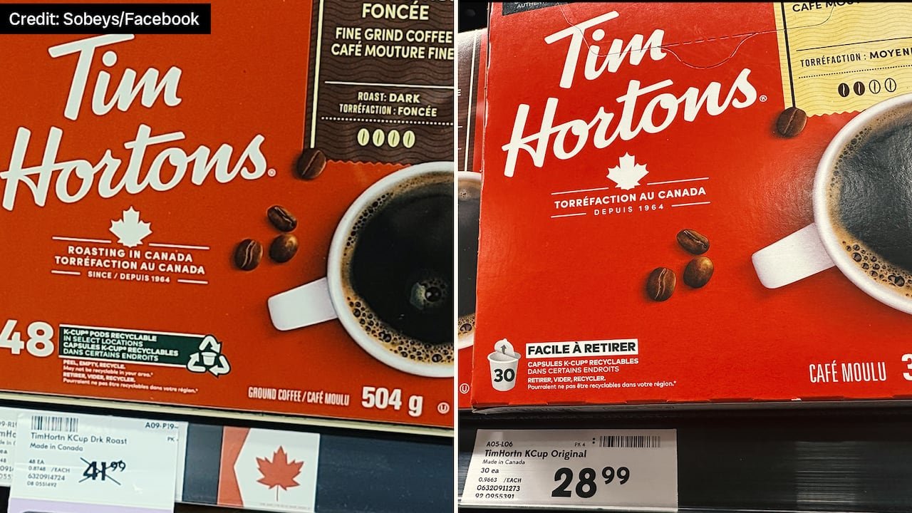 The left image displays the red maple leaf symbol typically featured on the shelf tag for products like Tim Hortons coffee at Sobeys stores. In contrast, the right image from a recent visit to a Toronto Sobeys shows the absence of the symbol.