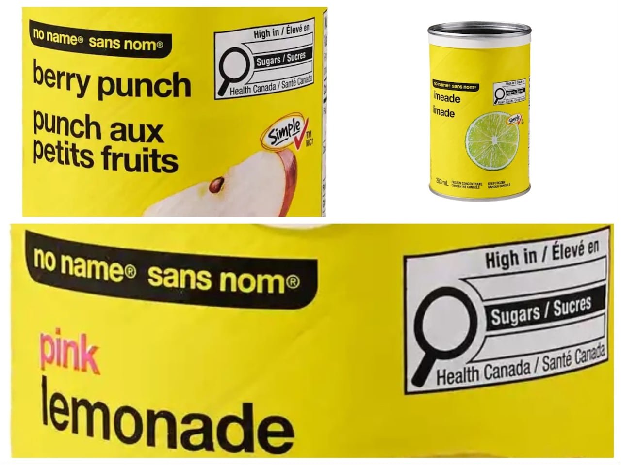 default-352 A collage of bright yellow cans with black Helvetica text, labelled limeade, pink lemonade, and berry punch.
