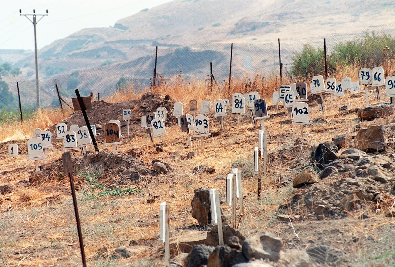 default-853 Signs with numbers are stuck in the ground in a rocky dry field surrounded by a fence.