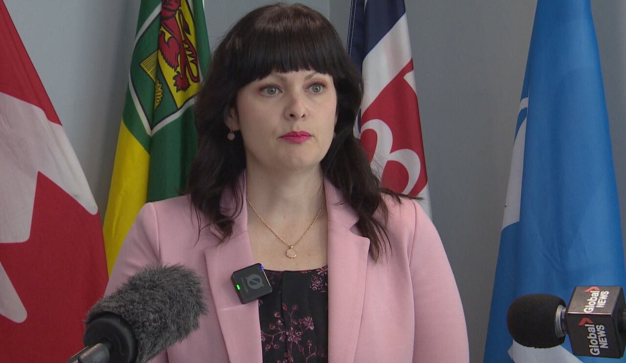 A woman stands in front of various flags, speaking into microphones