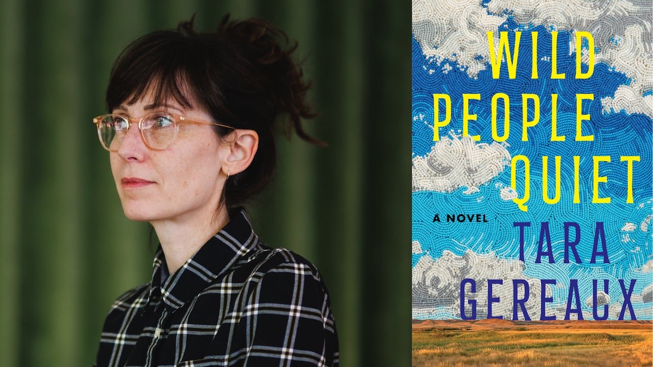 default-702 A portrait of a woman with glasses and a bun staring left on a book cover showcasing a beaded sky over a Saskatchewan plain.