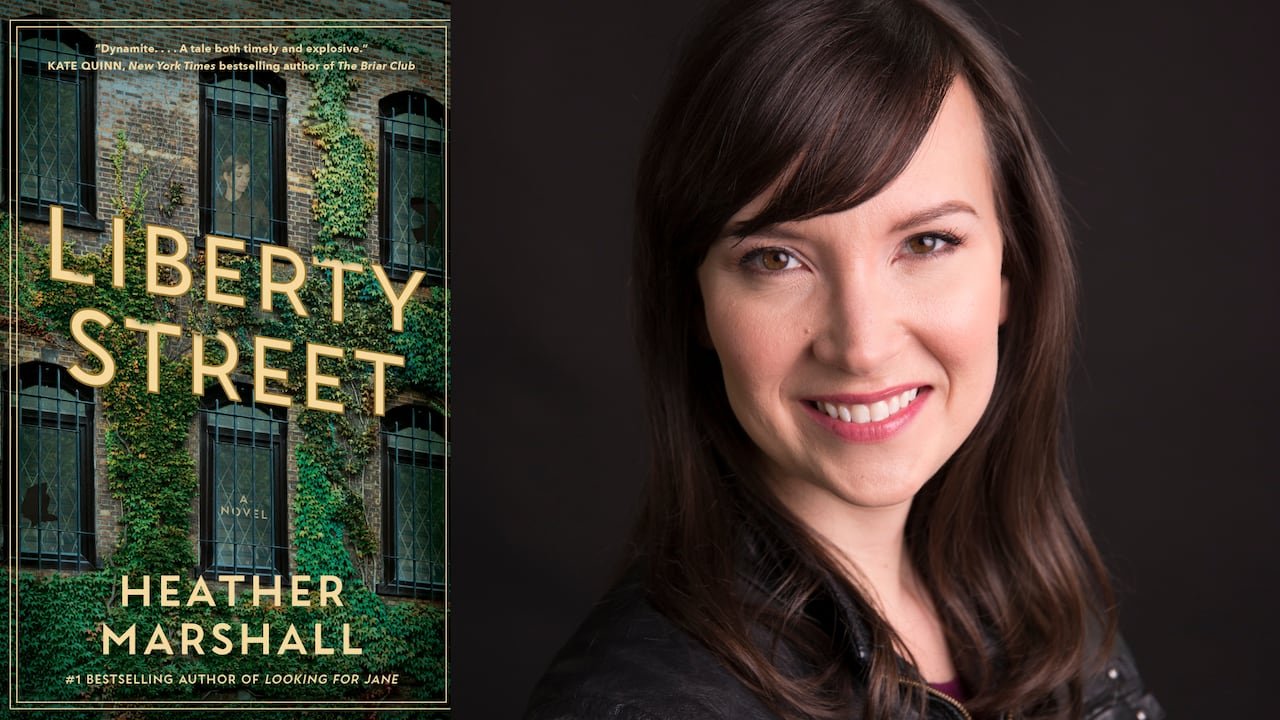 default-703 A book cover featuring a woman peering from a vine-covered building and a headshot of a smiling woman with brown hair.