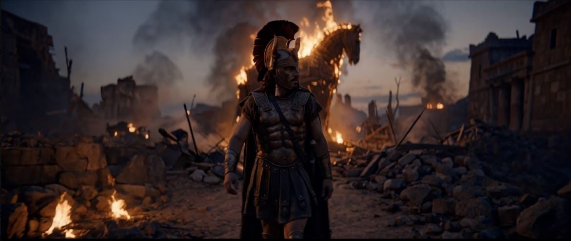 default-948 An AI-generated scene featuring a man in Greek armor walking away from a burning horse.