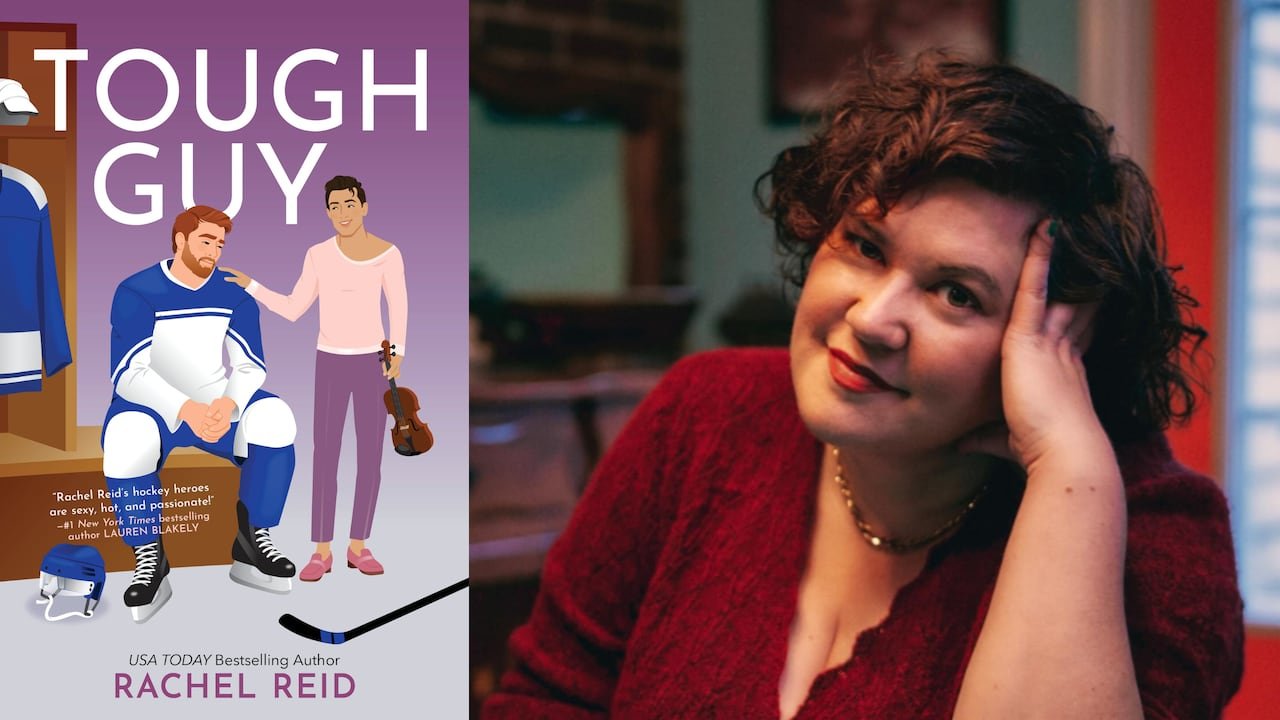 default-946 A book cover featuring a cartoon hockey player seated on a bench with a man holding a violin resting his hand on his shoulder, alongside a headshot of a woman with brown hair.