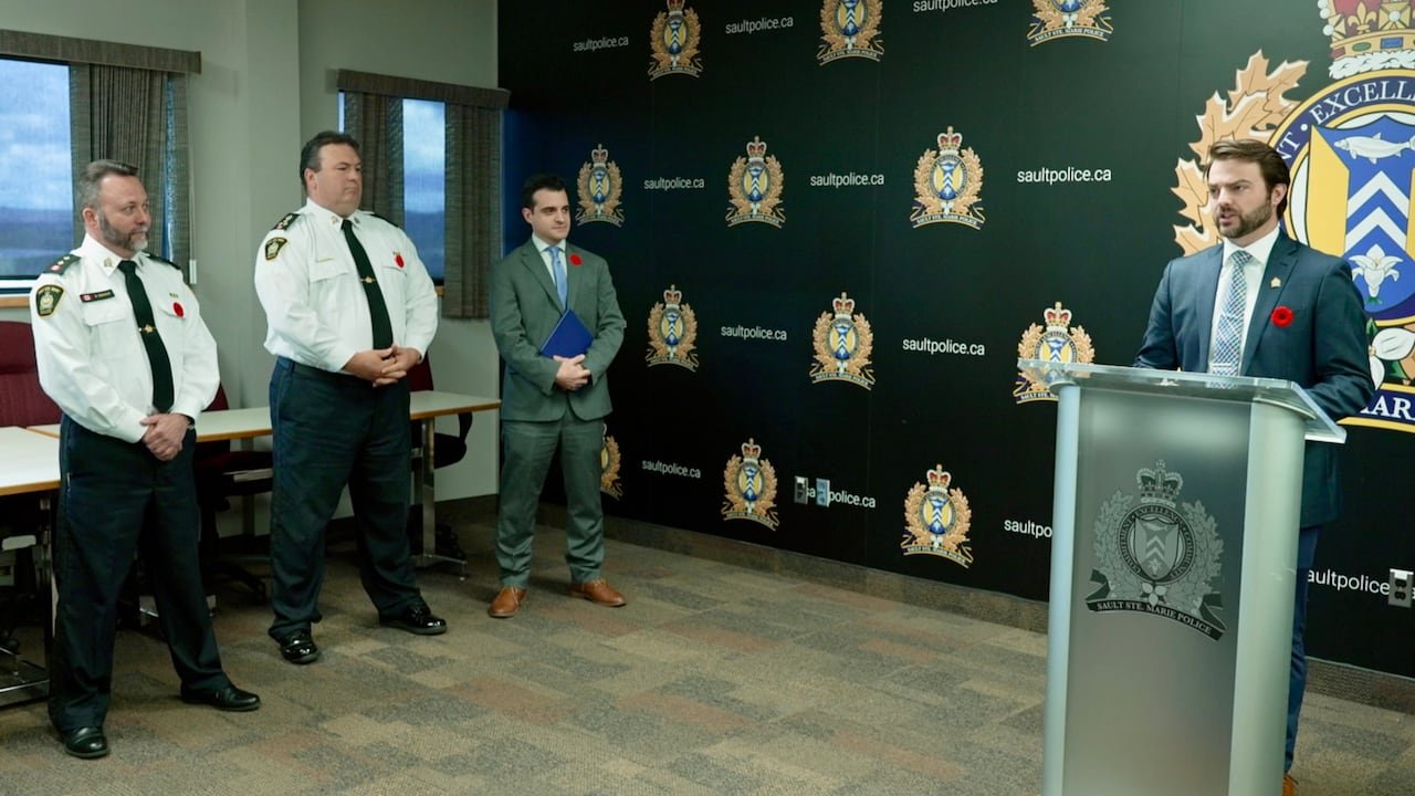 From left to right, Sault Police Insepctor Derek Dewar, Sault Police Chief Brent Duguay, Mayor Matthew Shoemaker and Sault Police spokesperson Lincoln Louttit announce the activation of 30 CCTV cameras in Sault Ste. Marie.